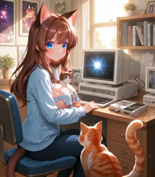 カセットテープからゲームを読み込む猫又さん