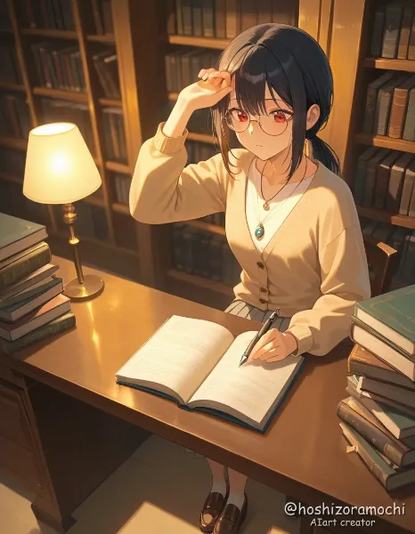 図書館で夜更けまで挑む学者・紗月 - Satsuki, a scholar who stays up late at the library
