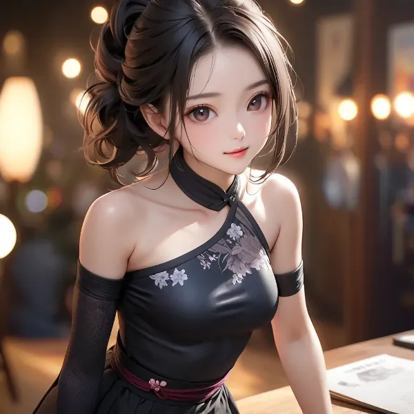 夜の灯りに輝く黒髪美女