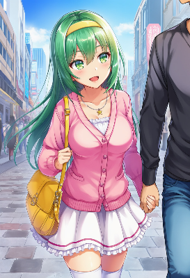 街角で手をつなぐ緑髪の彼女
