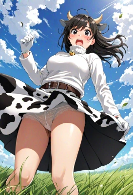 強風に吹かれる牛娘