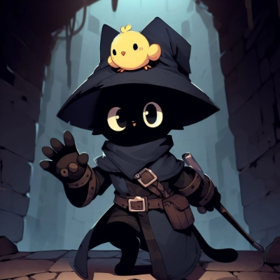 頭の上に小さなヒヨコが乗っかっている黒猫の顔の魔導士のかわいいキャラがダンジョン内を探索する