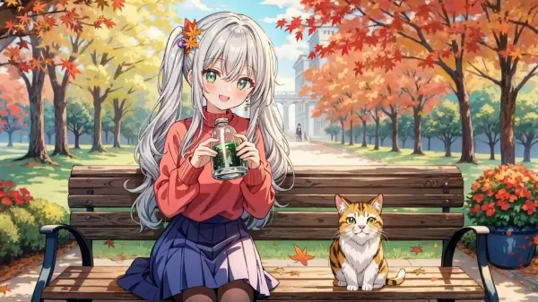 秋風のベンチで猫と過ごす少女の午後