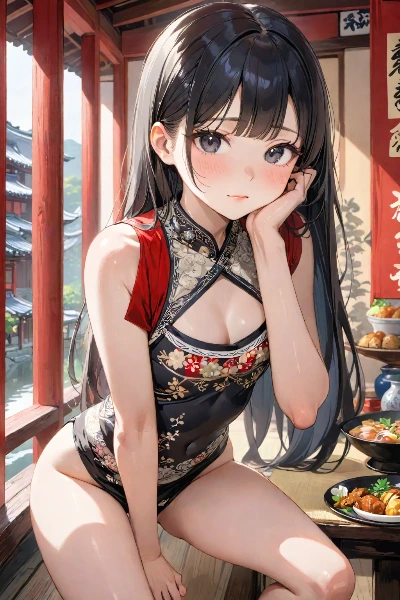 古き良き店で微笑むチャイナガール