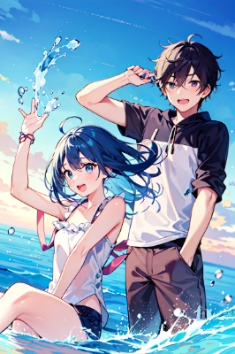 anime, a boy and a girl, splashing water, at the sea