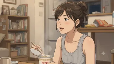 カップラーメンを食べる女性