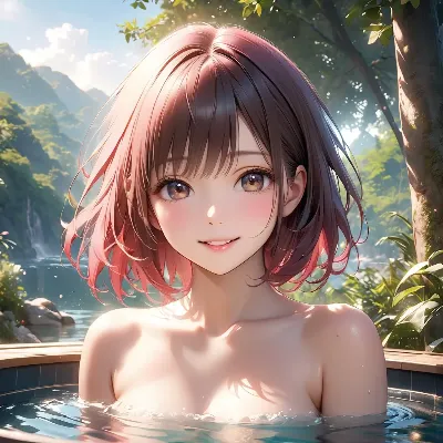 温泉に微笑む少女