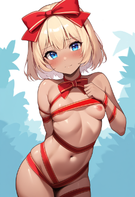 リボンをぐるぐる巻きにされているダークスキンなムスメさん