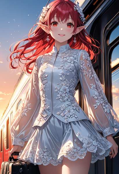 花冠のエルフ少女と夕陽の旅立ち