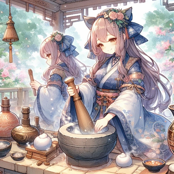 餅作りをする少女