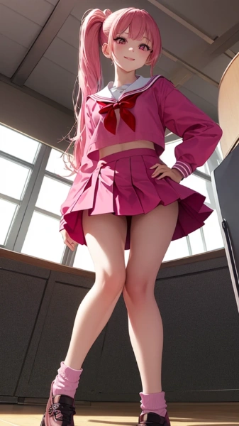 桃色女子高生の挑発的な表情。