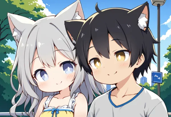 公園デートをする猫耳カップル