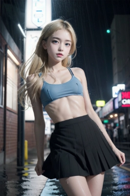 Girl with blonde hair walks at night