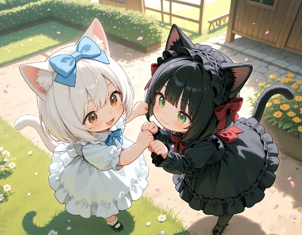 白猫と黒猫・お庭で遊んだ