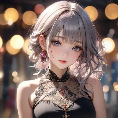 夜の灯りに輝く銀髪少女