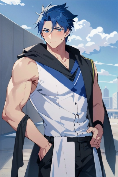 ショールを羽織った筋肉男性