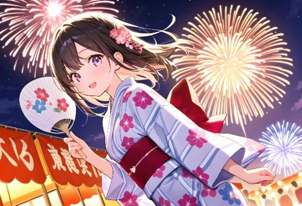 花火舞う夏祭りで微笑む浴衣の少女