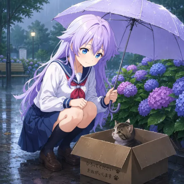 梅雨の公園と子猫