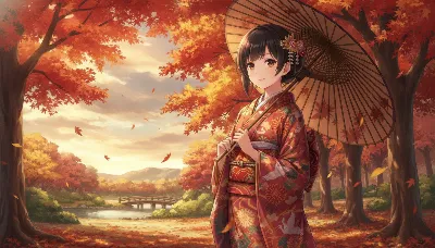 紅葉舞う古道を往く和傘の少女