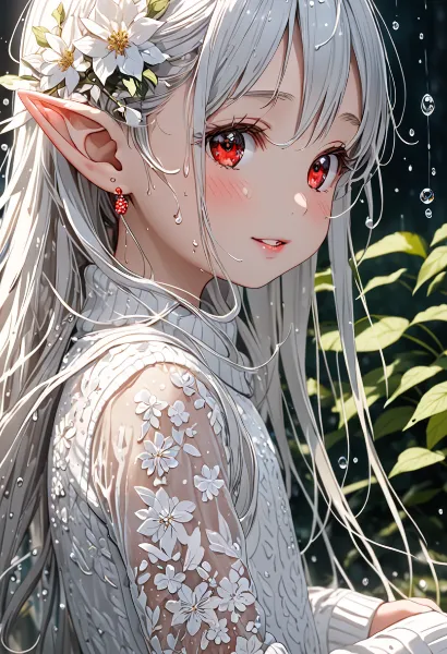 雨の森で微笑む白髪のエルフ少女