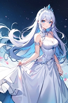 sanctualy, blue eyes, long silver hair, white dress, goddes, cool beauty,tiara,