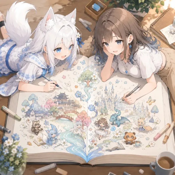 白狐と少女が描く魔法の絵日記