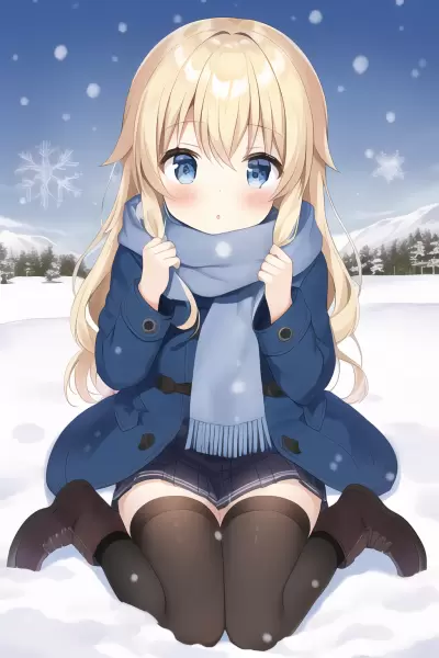 青いコートを来た少女（寒そう）