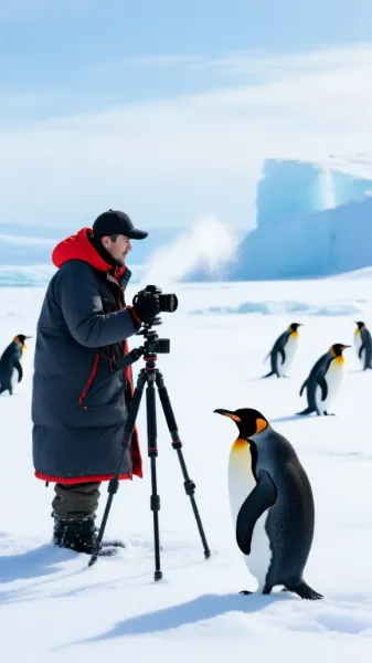 ペンギンを撮影するカメラマン(を見つめるペンギン)