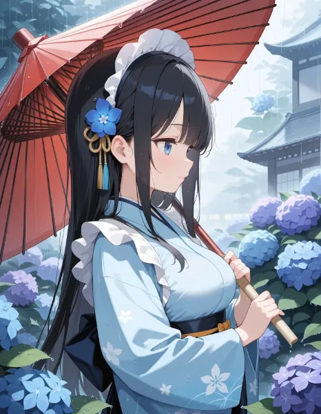 紫陽花とメイドさん