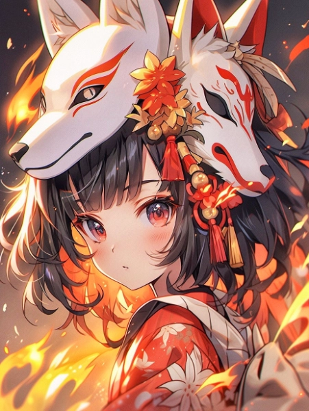 狐のお面をつける少女