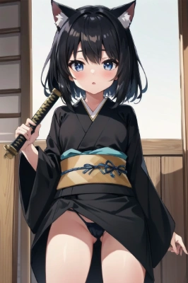 黒猫×少女×着物