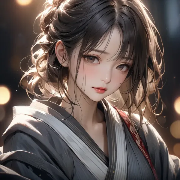 夜灯りに浮かぶ着物少女