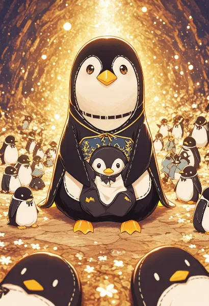 黄金の洞窟に輝くペンギン女王の抱擁
