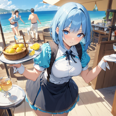 夏の青髪ウエイトレスさん