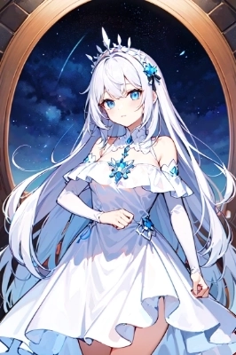 sanctualy, blue eyes, long silver hair, white dress, goddes
