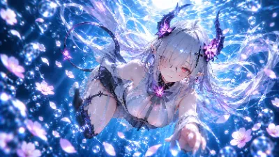 「少し綺麗なのが出来たので🌸」 光差し込む海で手を伸ばす悪魔娘
