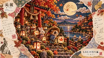 もみじ灯り道を歩む小さな旅人たち