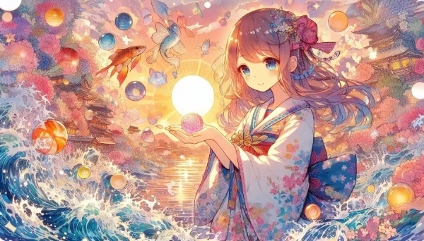 幻想世界で輝く花のオーブを持つ少女