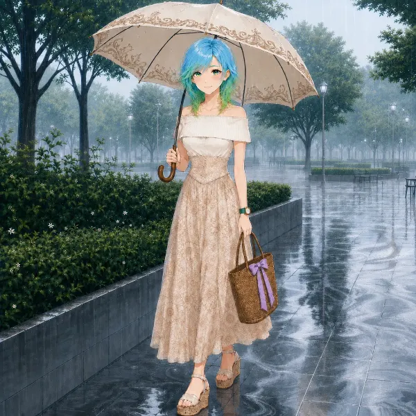 雨の公園で傘を差す少女