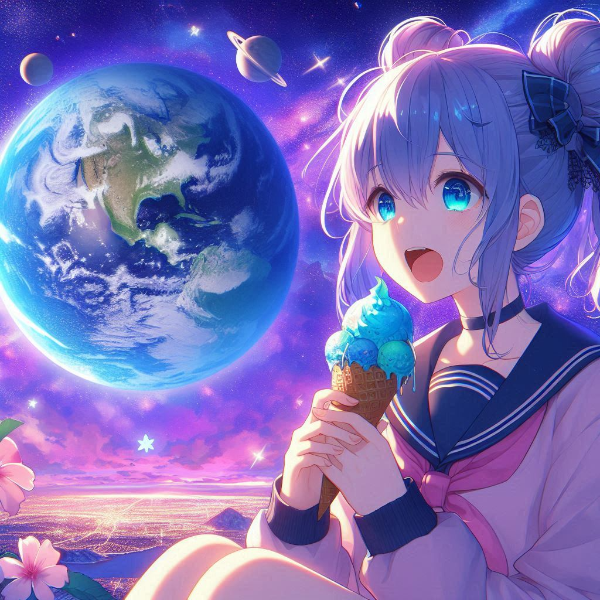 空でブルーベリーアイスクリームを食べる女の子