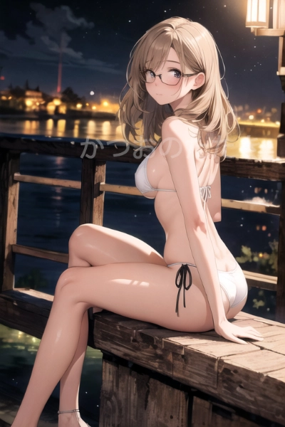 茶髪眼鏡の女の子　水着　白ビキニ