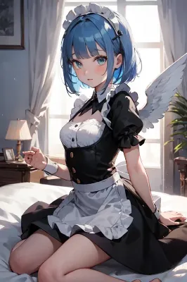 青髪メイド。休憩中。