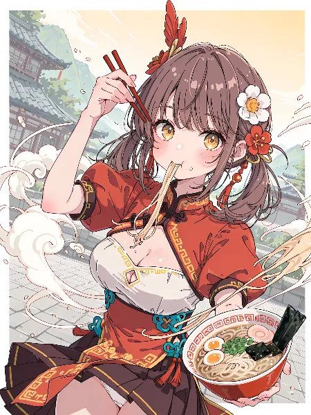 ラーメンを頬張る中華少女