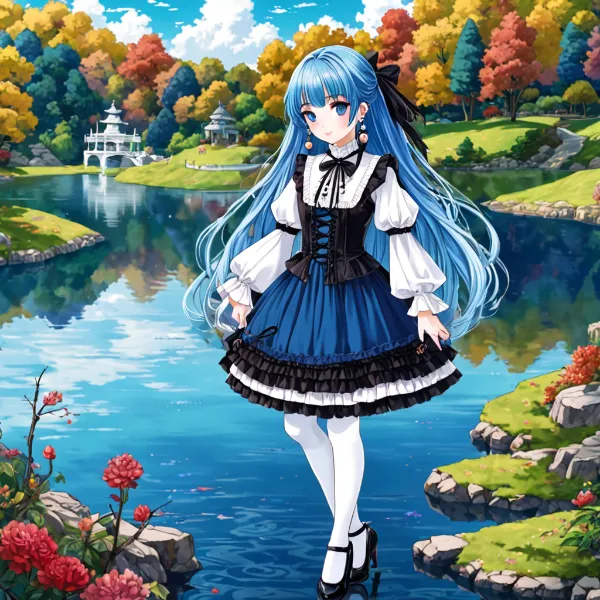 紅葉の湖畔で囁く青髪の少女