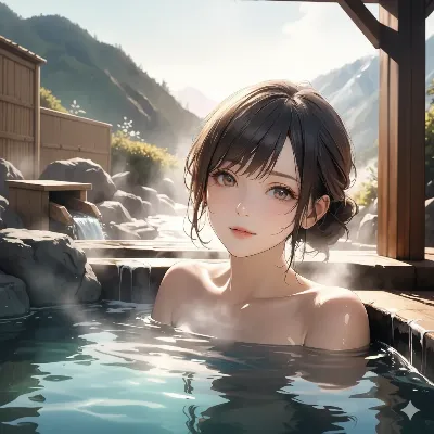 山間の露天風呂でくつろぐ少女