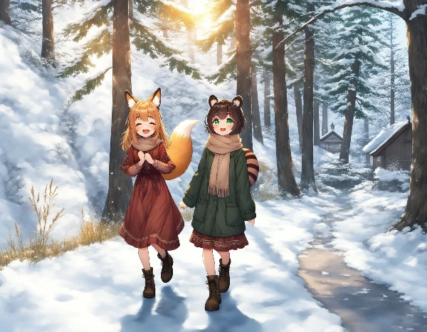 ポン子とコン子・冬の日の林道