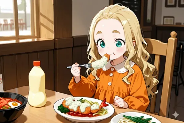 エビフライを食べるおでこちゃん