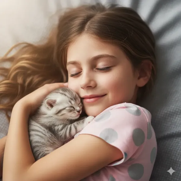 子猫を抱く少女の優しい夢時間