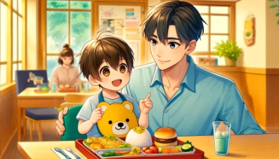 お子様ランチを食べる息子とお父さん