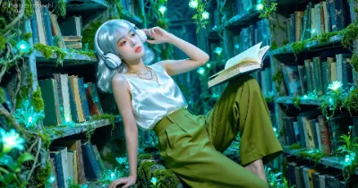 忘れ去られた魔法の図書館｜シルバーヘアの少女が古書と青い光に包まれる、神秘的なヴィンテージファンタジー